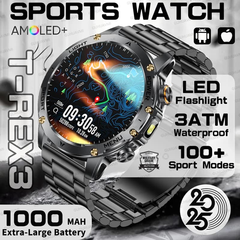 2025 Outdoor T-Rex 3 NUOVO Militare Explorer 1000mAh Batteria Smart Watch Torcia a LED IP69K Impermeabile GPS HD Talk Orologio sportivo