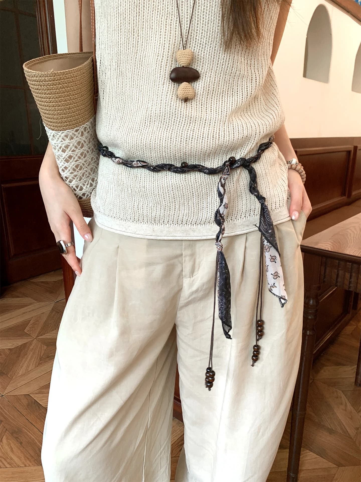 Vintage Cashew Print Handmade Beaded Waist Rope Waist Chain Women's Old Money Style Tie Scarf Belt With Jeans Belt