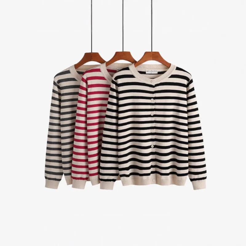 Striped Long Sleeved Knitted Sweater Women's Autumn and Winter New Sweater Loose Small Cardigan Jacket All Match Top