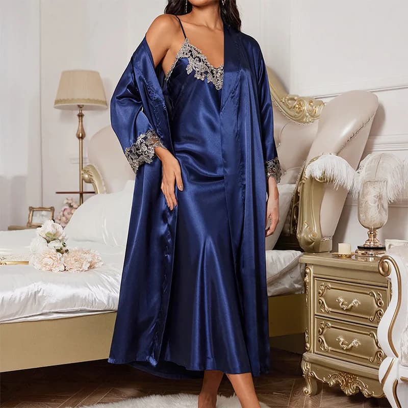 Set di vestaglia twinset stile lungo da donna sexy kimono in raso accappatoio abito da notte lingerie di pizzo indumenti da notte con scollo a V