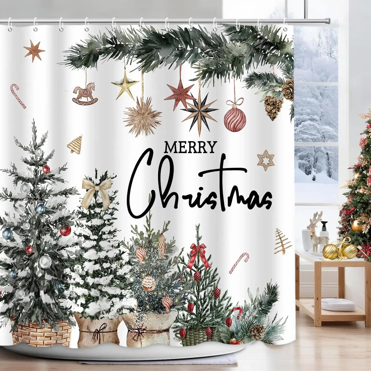 Tenda da doccia con pigna di agrifoglio per alberi di Natale, tenda da doccia con decorazioni di buon Natale per il bagno, vacanze di Natale invernali