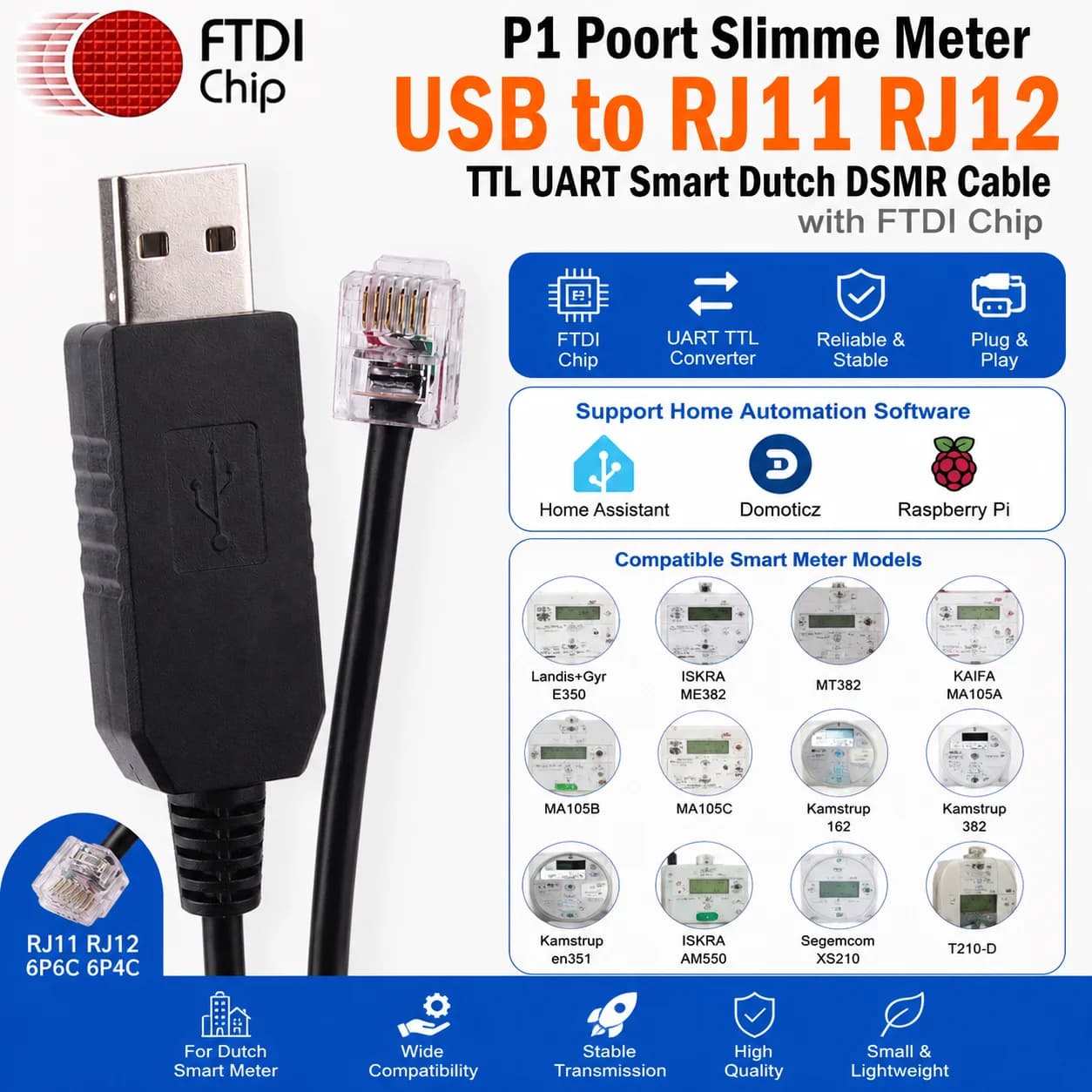 Cavo FTDI USB a RJ11 RJ12 P1 per Contatore Intelligente, Convertitore DSMR UART TTL per Contatore Intelligente Olandese, Raspberry Pi, Home Assistant, Domoticz