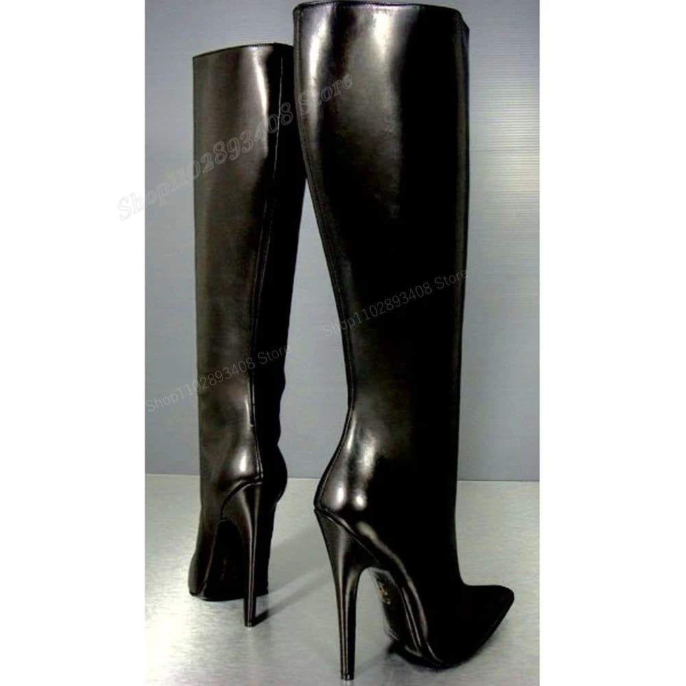 Stivali alti al ginocchio con punta a punta in pelle nera opaca Solido sexy punta a punta con tacco a spillo scarpe da donna 2024 Zapatos Para Mujere