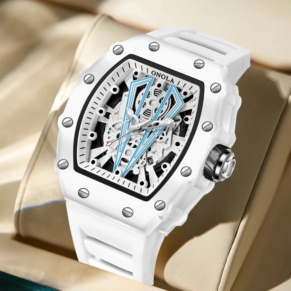 ONOLA Tonneau men's watch fashion male watch white calendar bright watches with water resistant Silicone tape for men Reloj Hombre
