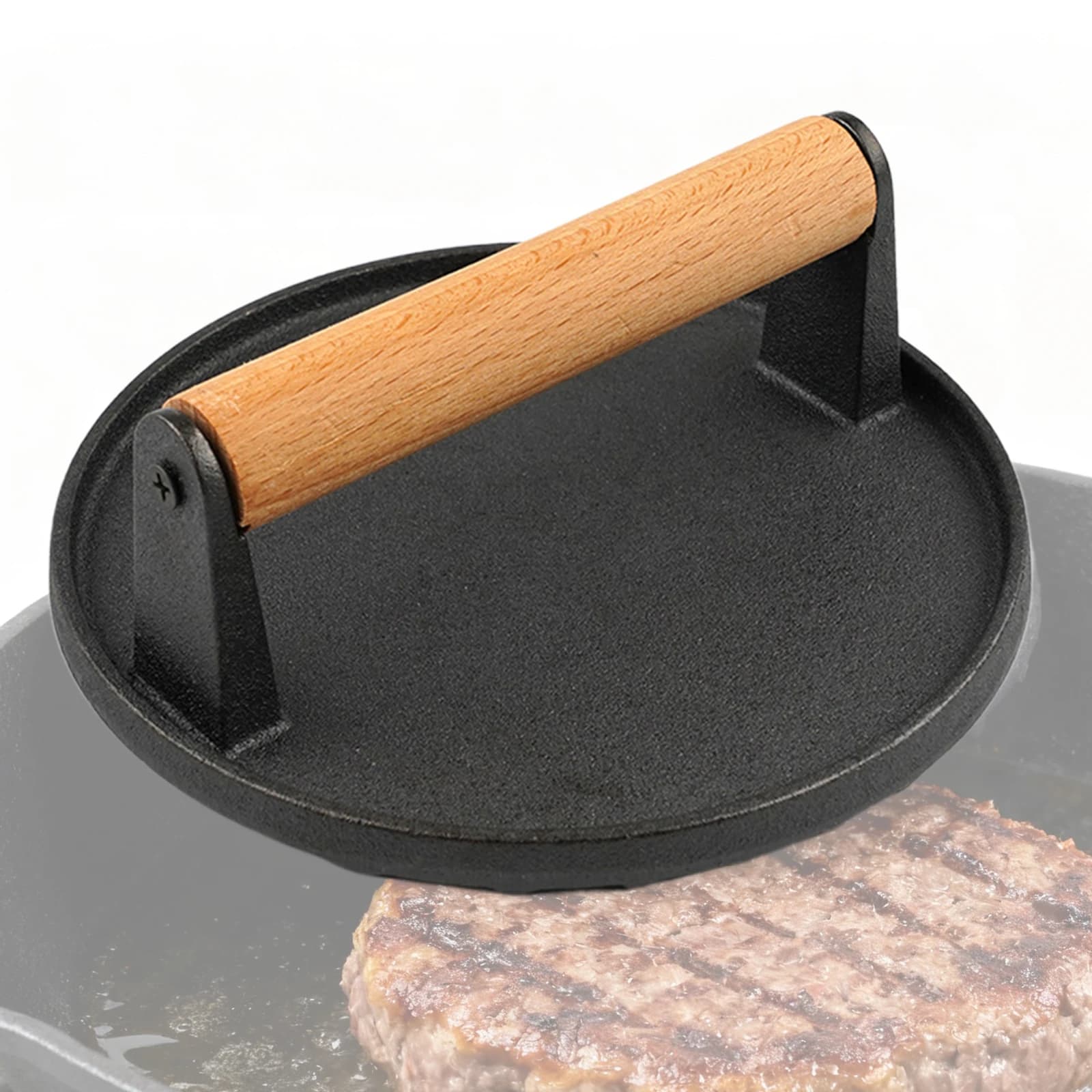 Round Meat Pressing Plate with Wood Handle Cast Iron Burger Bacon Press Non-Stick Pressing Frying Pan for Griddle Grill Burger