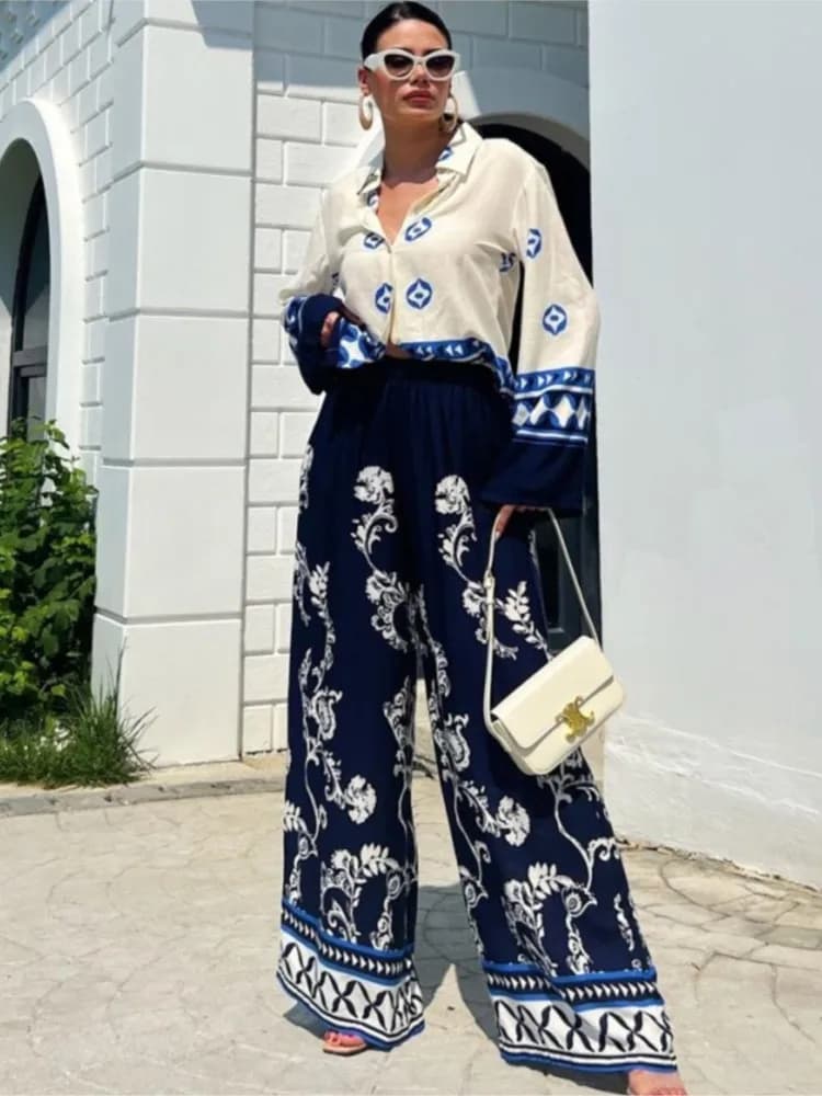 2024 primavera nuovi pantaloni stampati set moda donna casual camicie a maniche lunghe larghe pantaloni a gamba larga set da due pezzi abbigliamento femminile