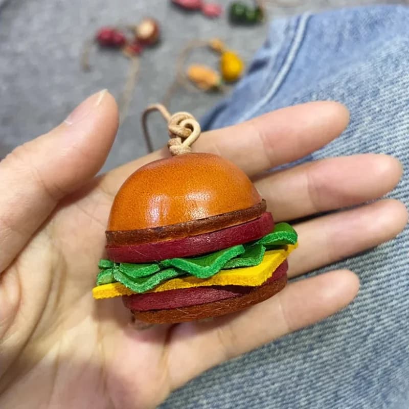 Ciondolo per Borsa in Pelle di Vacchetta a Strati, Design Big Mac Burger, con Nappa in Pelle, Portachiavi