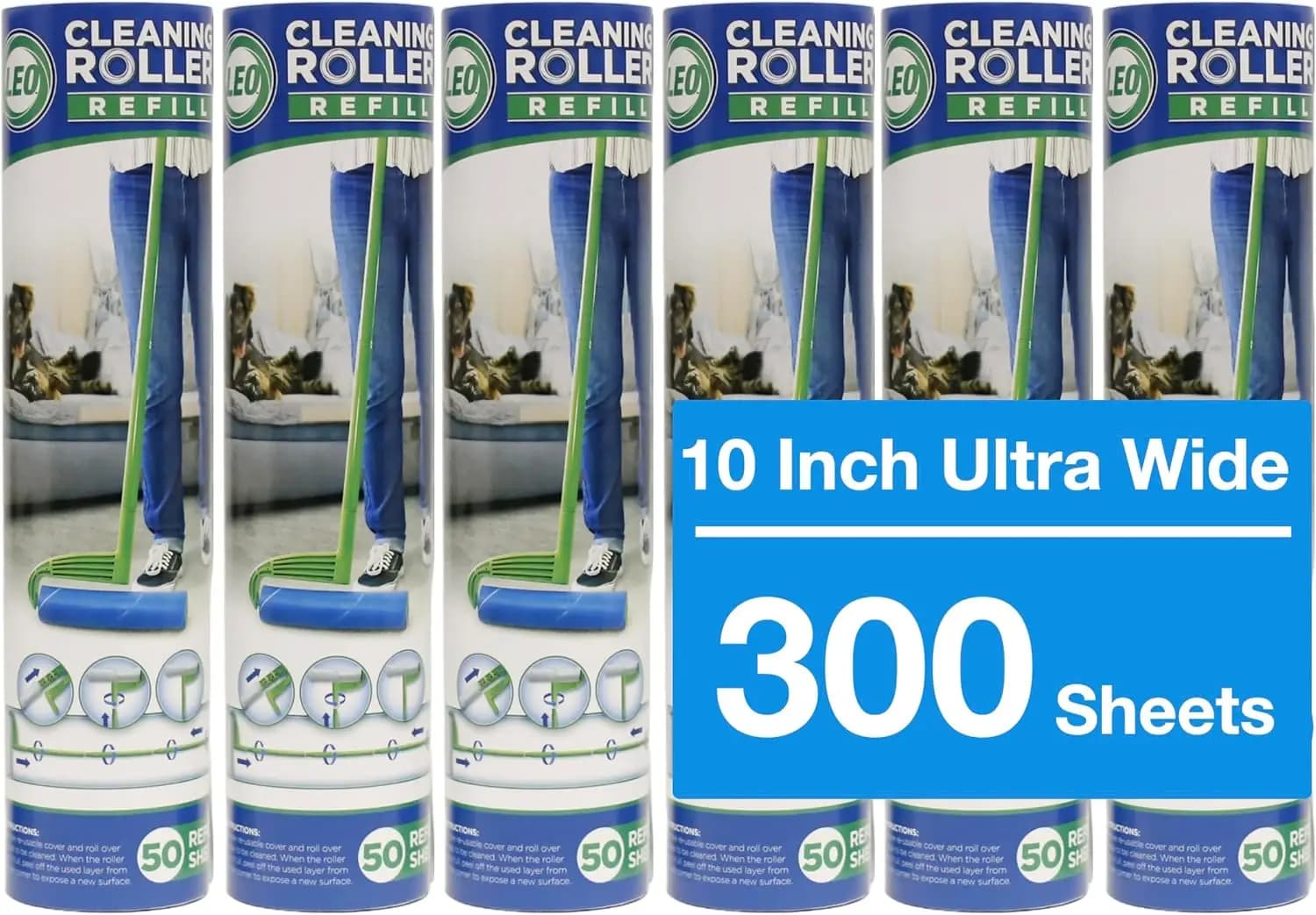Ricambi per rullo leva-pelucchi grande da 10 pollici, 6 rotoli da 300 fogli ultra-larghi per rimuovi-pelucchi domestici