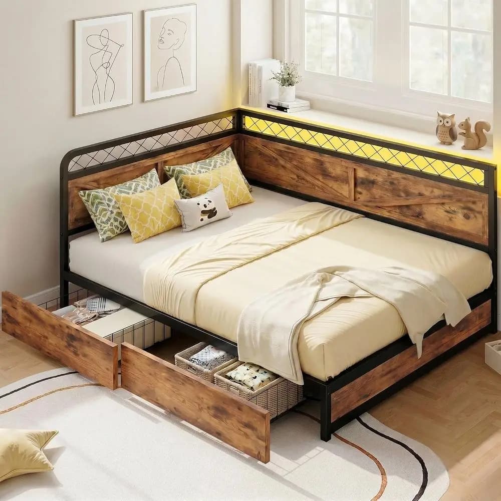 ANCTOR ull Bed e with Storage Ders, Daybed with LED Lights and Charging Station, No Box Spring Needed, Heavy Duty, Easy Assembly