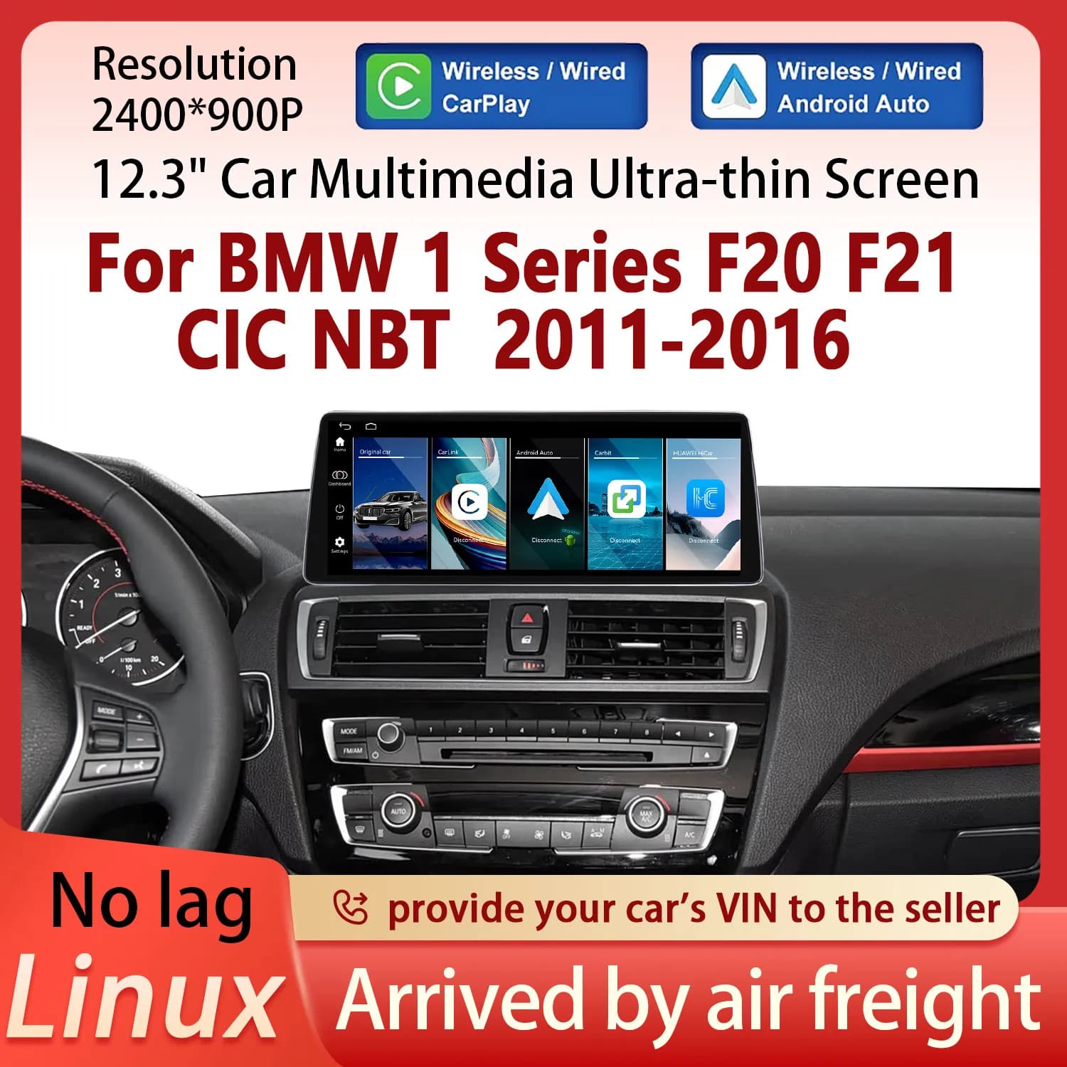 Schermo Multimediale per Auto 2400*900P per BMW Serie 1 F20 F21 CIC NBT 2011-2016, CarPlay Wireless, Android Auto, Lettore Video Automotivo