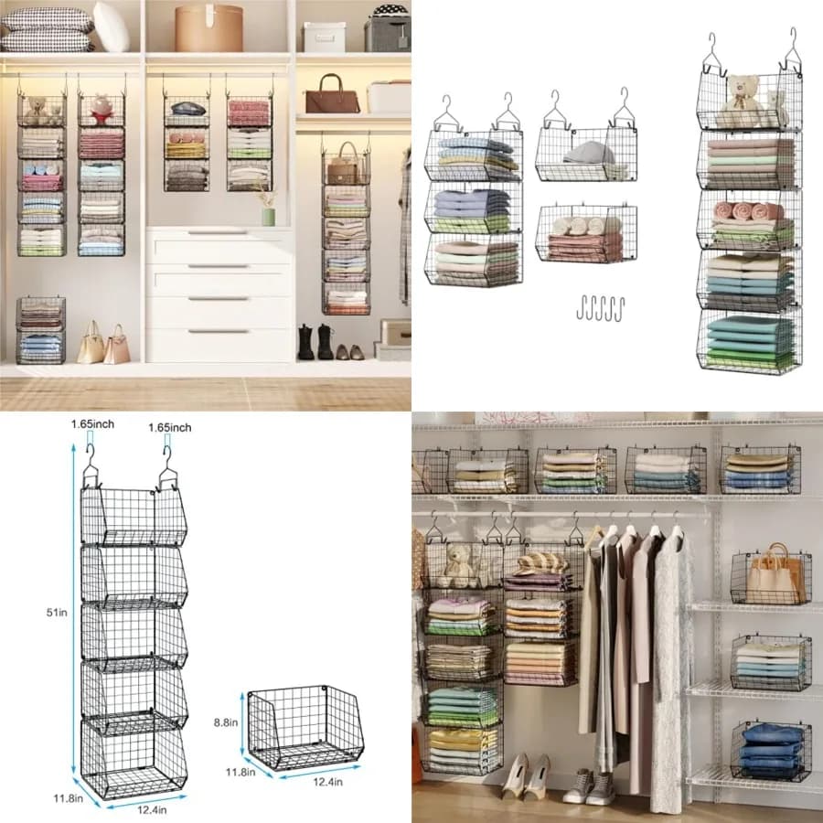 Organizzatore appendibile a 5 livelli per armadio, scaffali appendiabiti con 4 ganci e 5 ganci a S, cesti portaoggetti in filo metallico, per abbigliamento