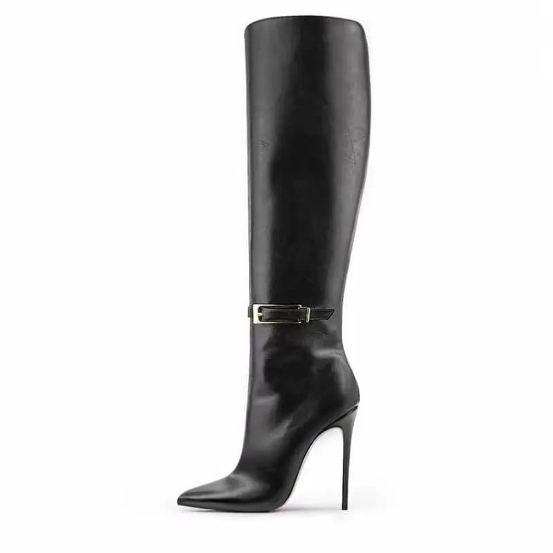 Arden Furtado Spring Belt buckle Skinny boots Pointed toe Side zipper Super high heel Knee high boots Extra large size boots