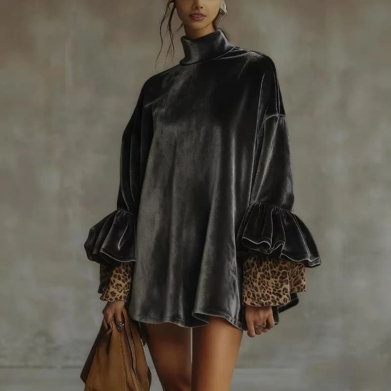 Gonna comoda ed elegante con collo alto in velluto dorato con polsini con stampa leopardata