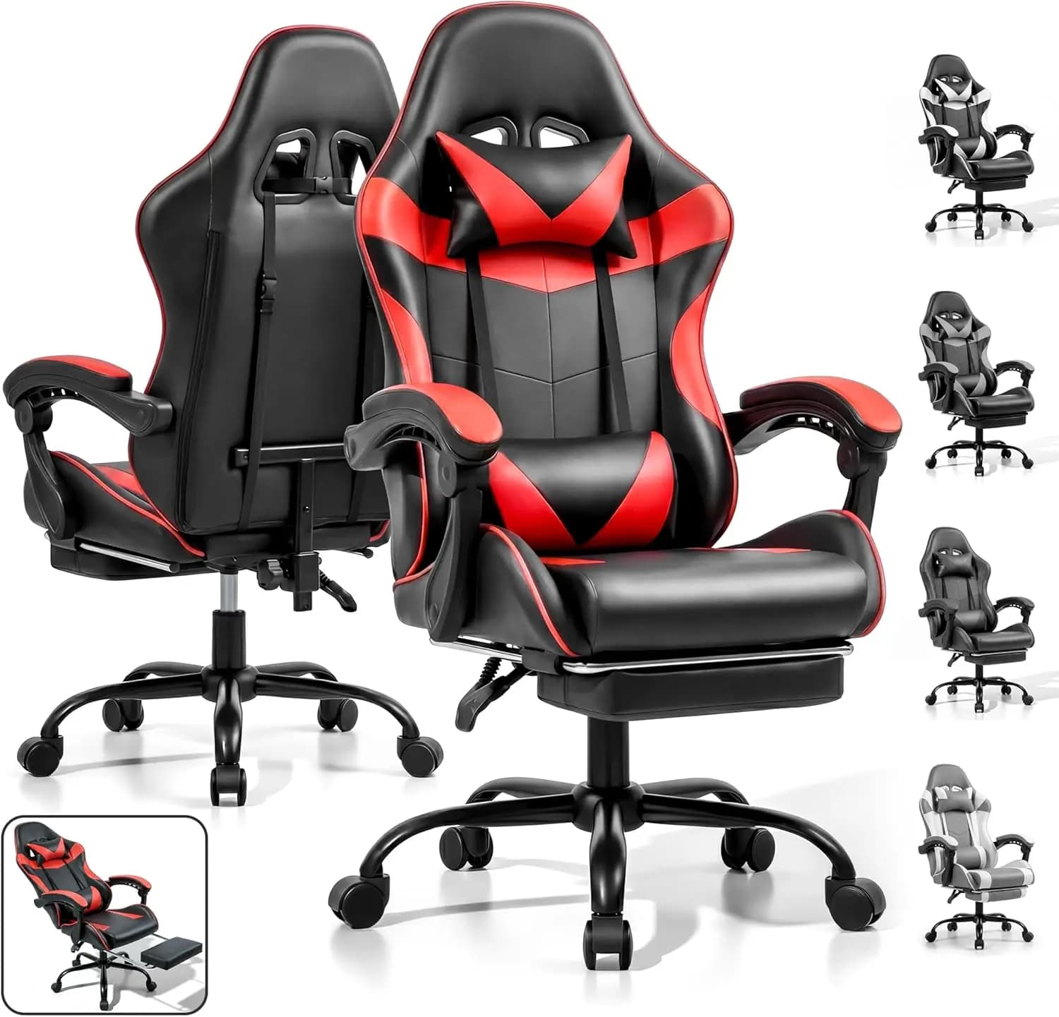 Sedia da gaming ergonomica con poggiapiedi, supporto lombare, regolabile in altezza, girevole a 360° ° Girevole, Rosso e Nero