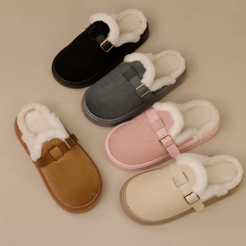 2026 Casual Soft Thick Bottom Fluffy Fur Mules Slippers Women Winter Metal Buckle Furry Indoor Slippers Warm Plush Slides