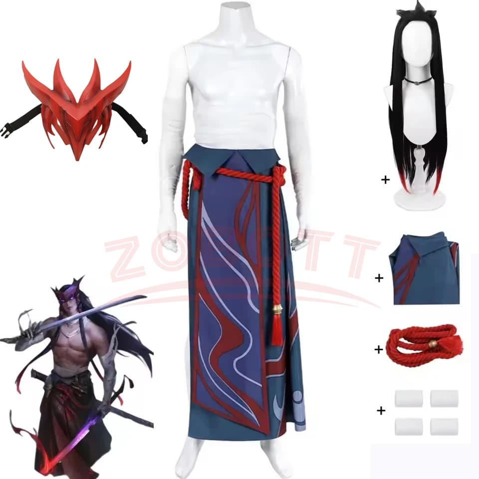Game LOL Unforgotten Yone Costume Cosplay Wig Gonna Straps Uniform Straps Full Set Man Adult Woman Carnival Halloween Dress
