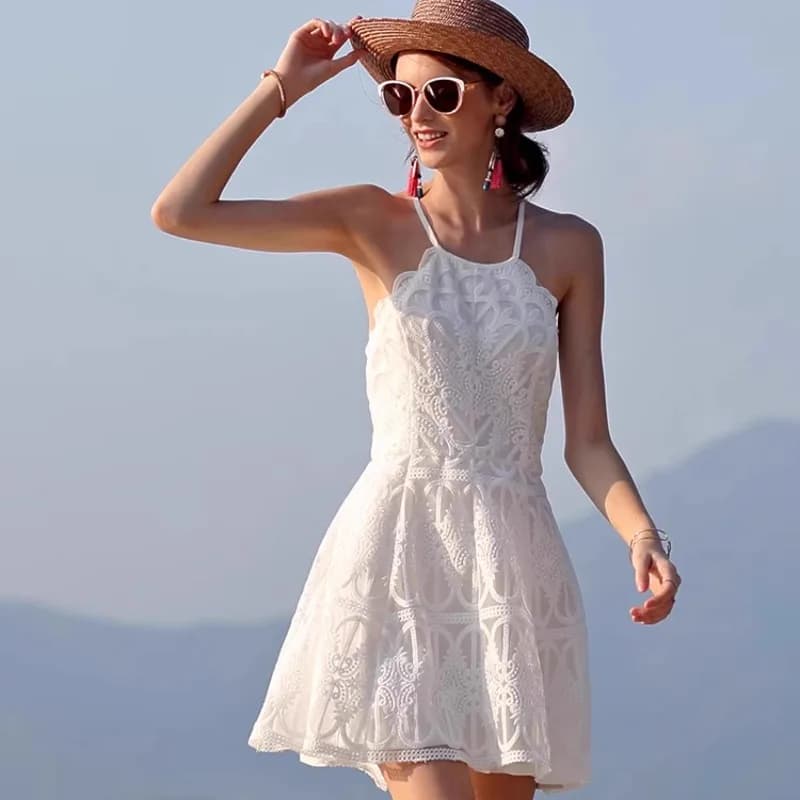 Abito da spiaggia per le vacanze, mini abito da viaggio senza schienale, carino, con cinturino per spaghetti, abito corto bianco da ritorno a casa