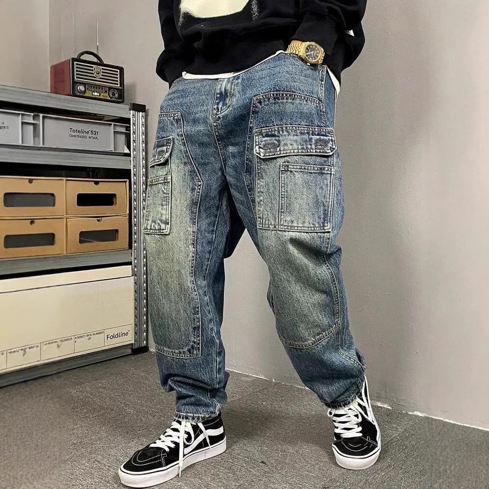 Jeans da lavoro vintage lavati casual americani per uomo in primavera e autunno, stile street, pantaloni affusolati larghi.
