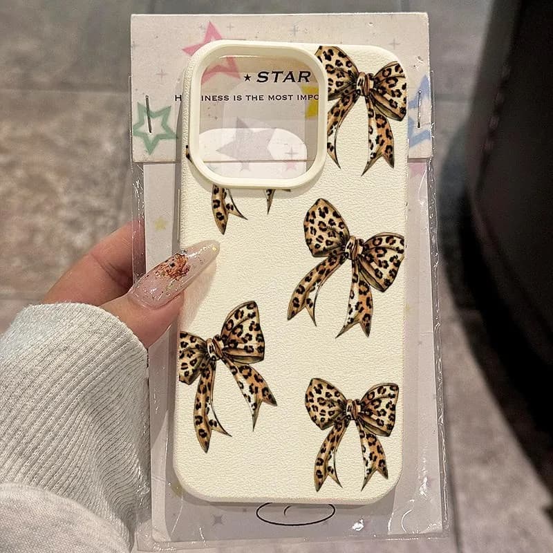 Custodia Morbida in Silicone con Stampa Leopardata Marrone e Fiocco, Effetto Litchi, per iPhone 17 Air 11 12 13 14 15 16 17 Pro Max 14 15 Plus
