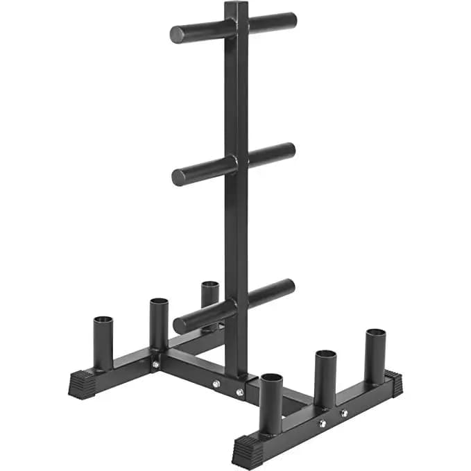 Black weight plate with barbell and shelf