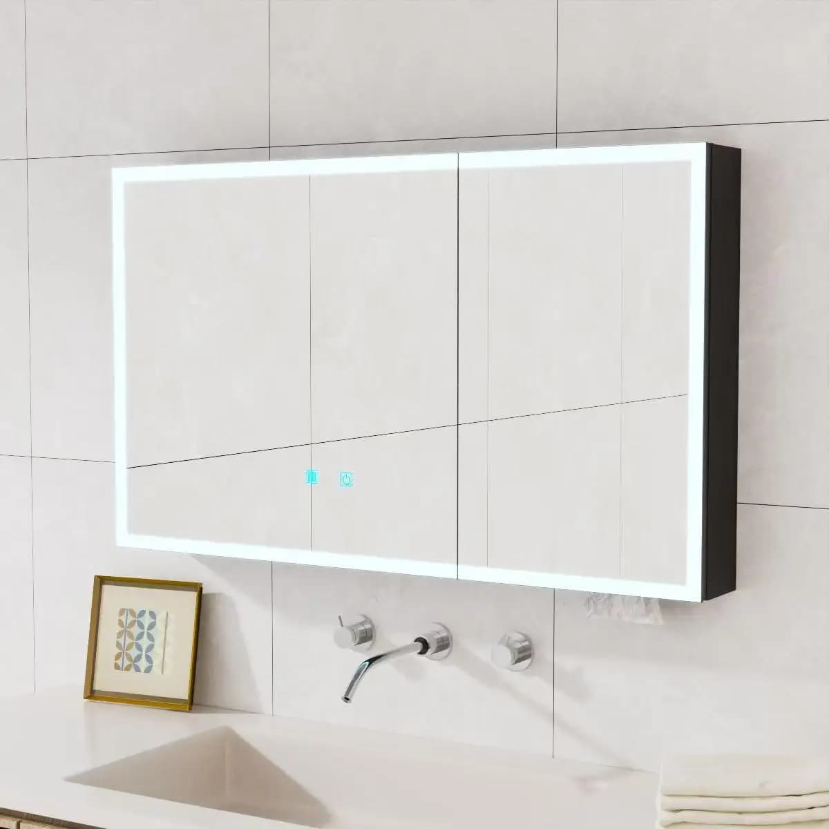 White Two-Door LED Bathroom Medicine Cabinet with Anti-Fogging Storage, 39.37in Wall-Mounted Aluminum