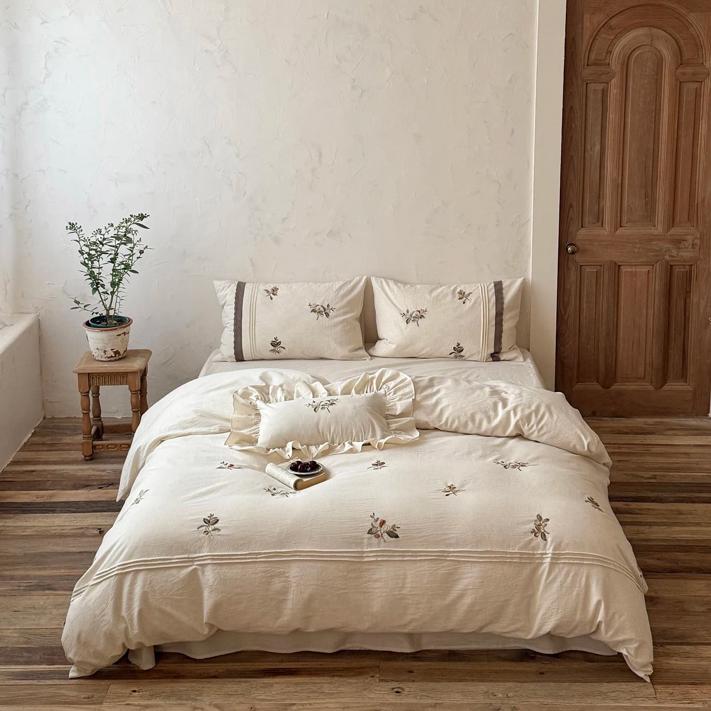 Bed linen set with natural cotton and linen embroidery, single, queen, king size, flat/with corners, pillowcase, 3/4 pieces