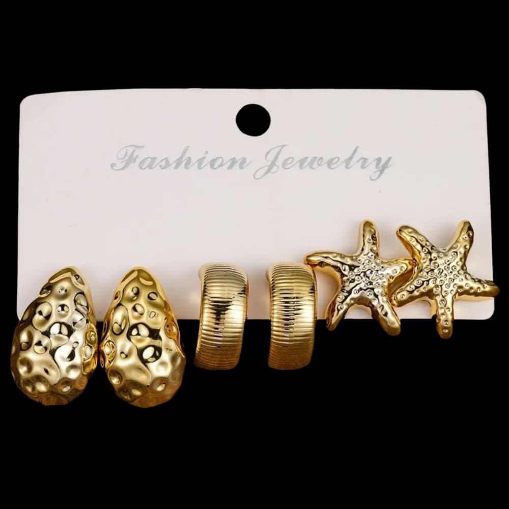 Simple Golden Starfish Earrings Textured Water Drop C-Shape Earrings Set Starfish Exaggerated Seashell Dangle Earrings Women
