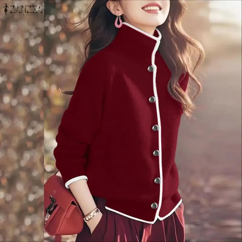 ZANZEA Cardigan lavorato a maglia in pile elegante da donna Dolcevita con bordo a contrasto Manica lunga Bottoni Giacche Autunno Inverno Donna Cappotti