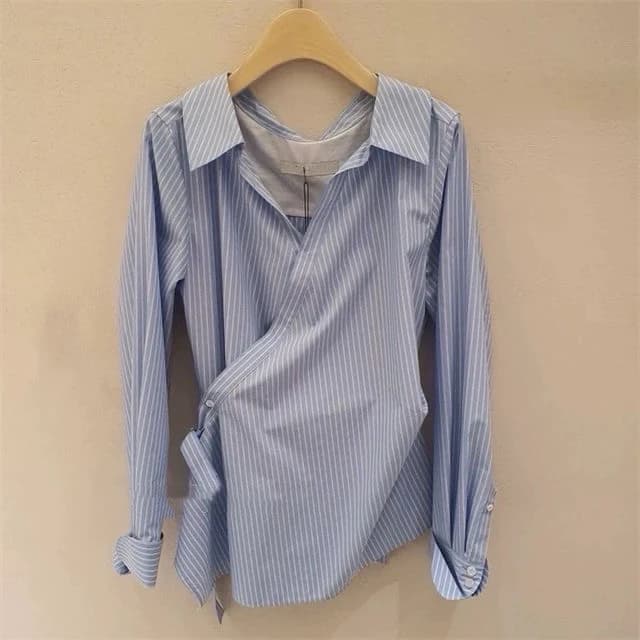 Elegant Fashionable Striped Long Sleeve Shirt Tie Waist Slim Fit Versatile Spring Commute Style Women's Premium Quality Blouse