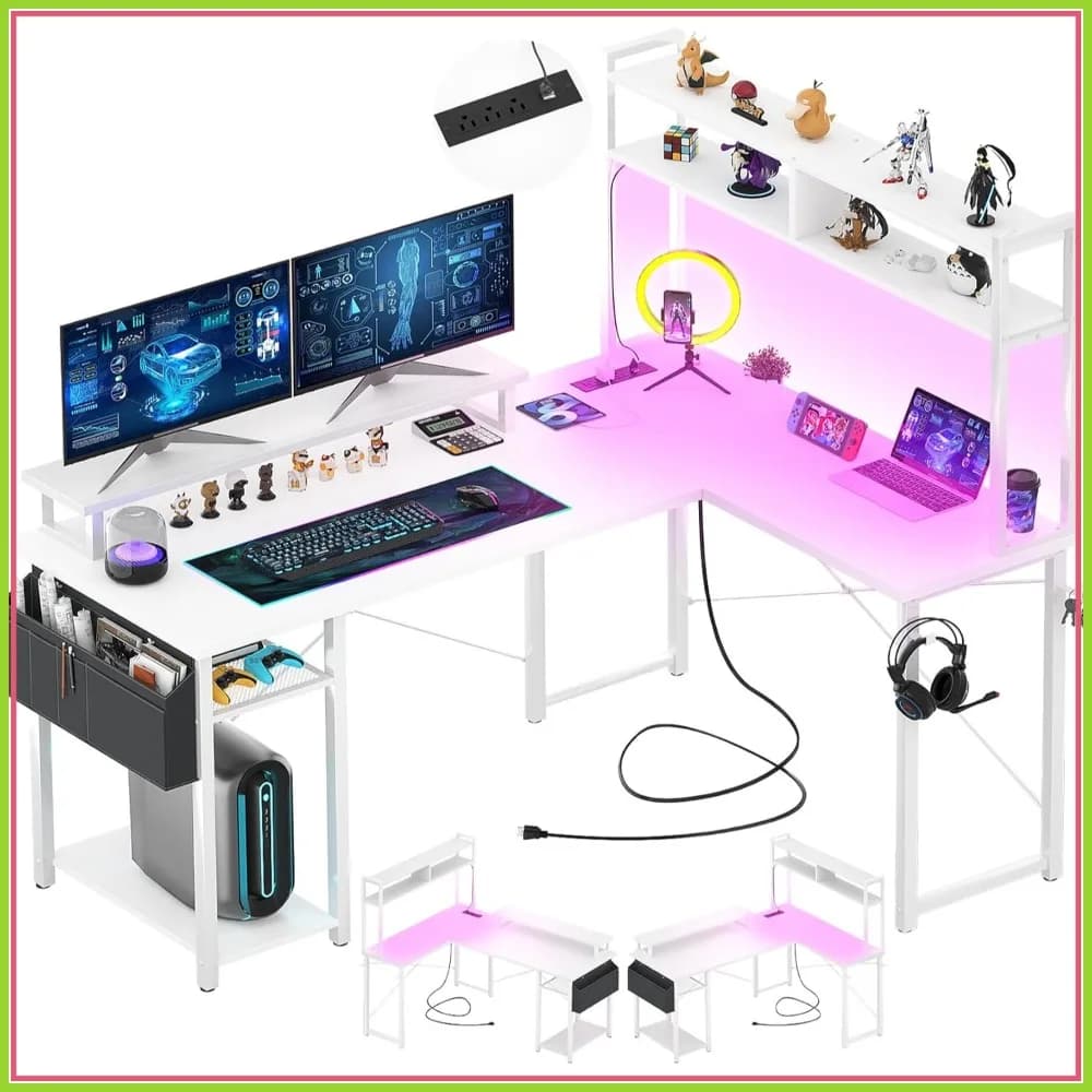 Scrivania a L con Porta di Ricarica e Striscia LED, Scrivania Angolare Reversibile con Supporto Monitor e Ripiano Portaoggetti per Ufficio Domestico