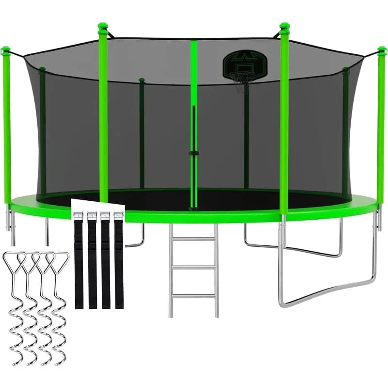 Trampolino da 1500 libbre (680 kg) da 8, 10, 12, 14, 15, 16 piedi per adulti e bambini con rete di sicurezza, canestro da basket, pali di fissaggio e scaletta