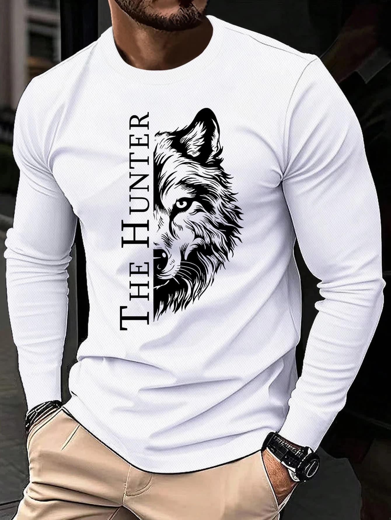 Men's Wolf Pattern T-shirt Breathable Long Sleeved Summer Wolf Print T-shirt Round Neck Casual Streetwear Suitable for Fitness