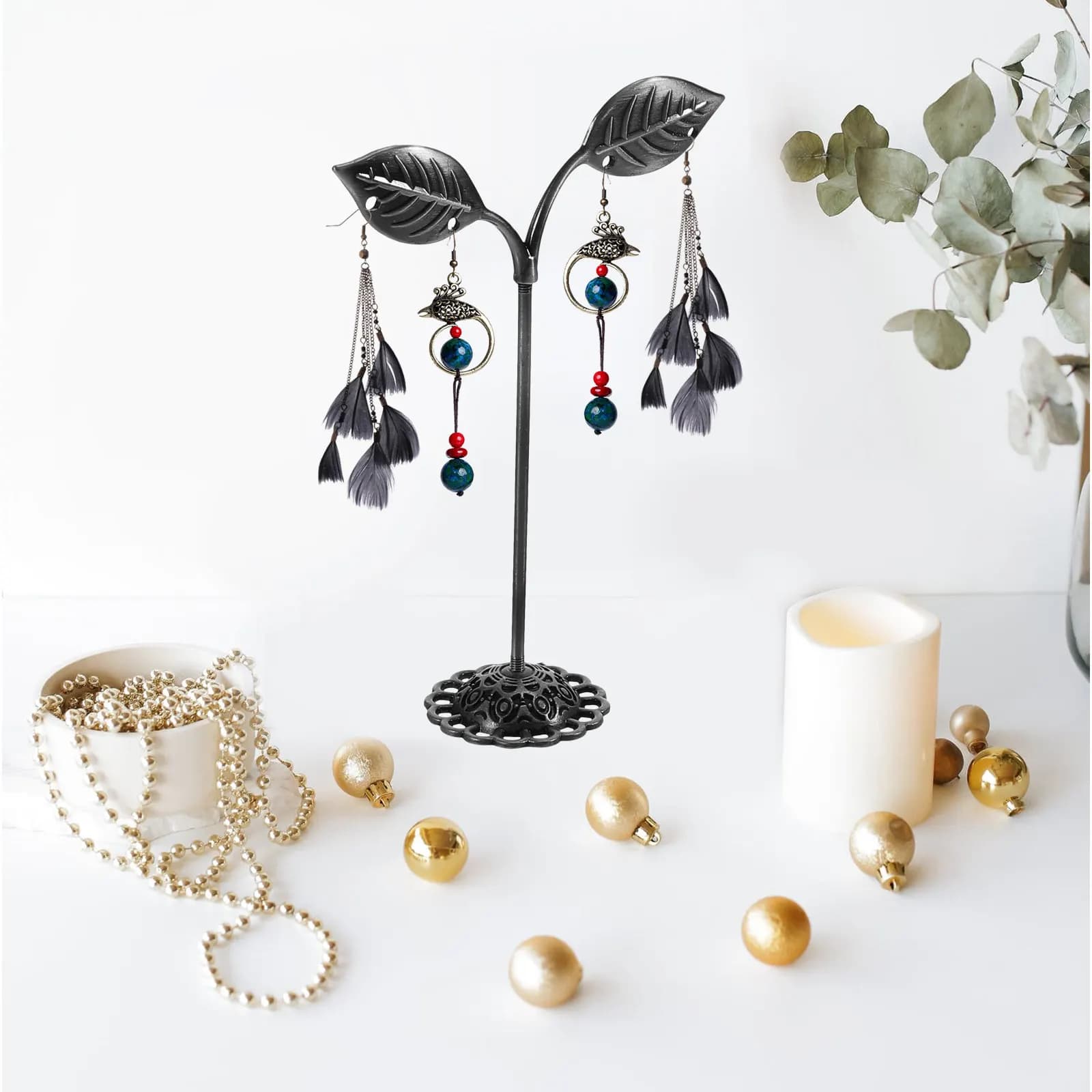 Espositore per gioielli da 3 pezzi, espositore per orecchini, organizer decorativo in ferro, supporto da tavolo, base stabile multiuso, scaffale per gioielli