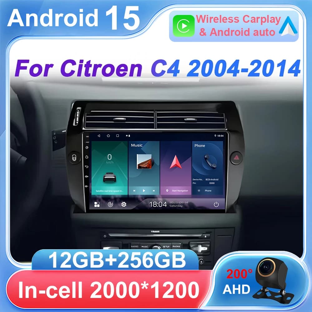 2din Per Citroen C4 2004 - 2014 Wireless Android 15 Carplay Auto Schermo Autoradio Navigazione GPS Touch Screen 5G Wifi BT DVD DSP