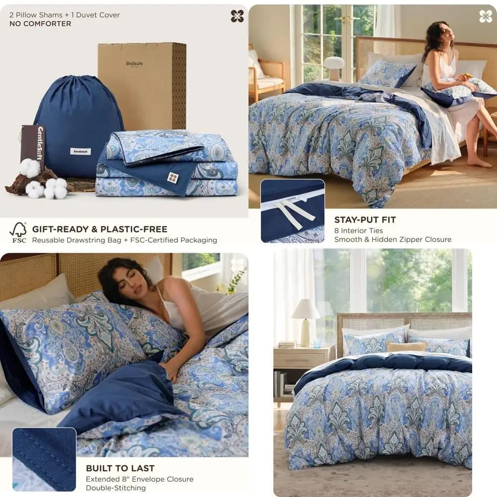 Set Copripiumino Reversibile in Cotone 100% Misura Queen con 2 Federe - Motivo Paisley Blu Traspirante