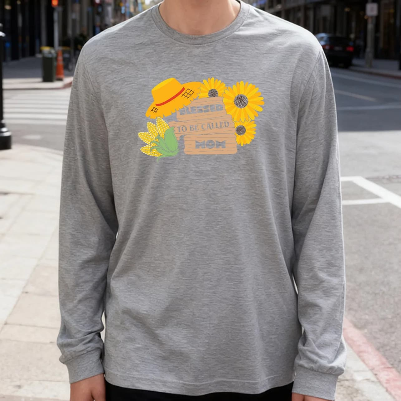 Men's long sleeve t-shirt with straw hat sunflower 180g 100% cotton printed casual crew neck to wear every day soft and breathable
