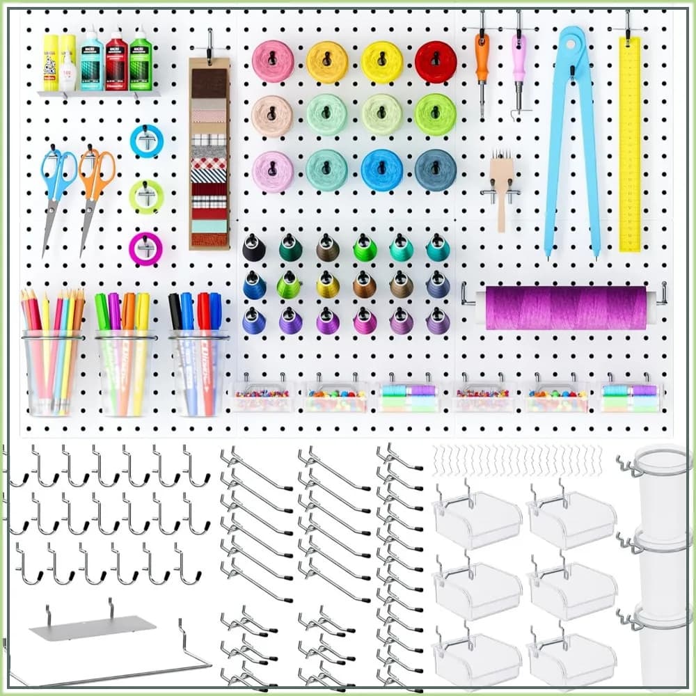 90PCS Metal Pegboard Kit with 6 White Panels, Bins, Cups, Hooks, Paper Towel Holder for Craft Room, Office, Sewing