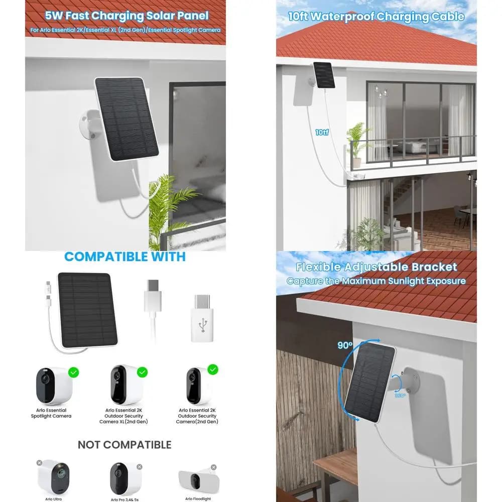 External Security Camera 2K Compatible with Solar Panel 5W, Waterproof IP65, 3 Meters USB-C Micro Cable, Wall Mount, 3 Pack