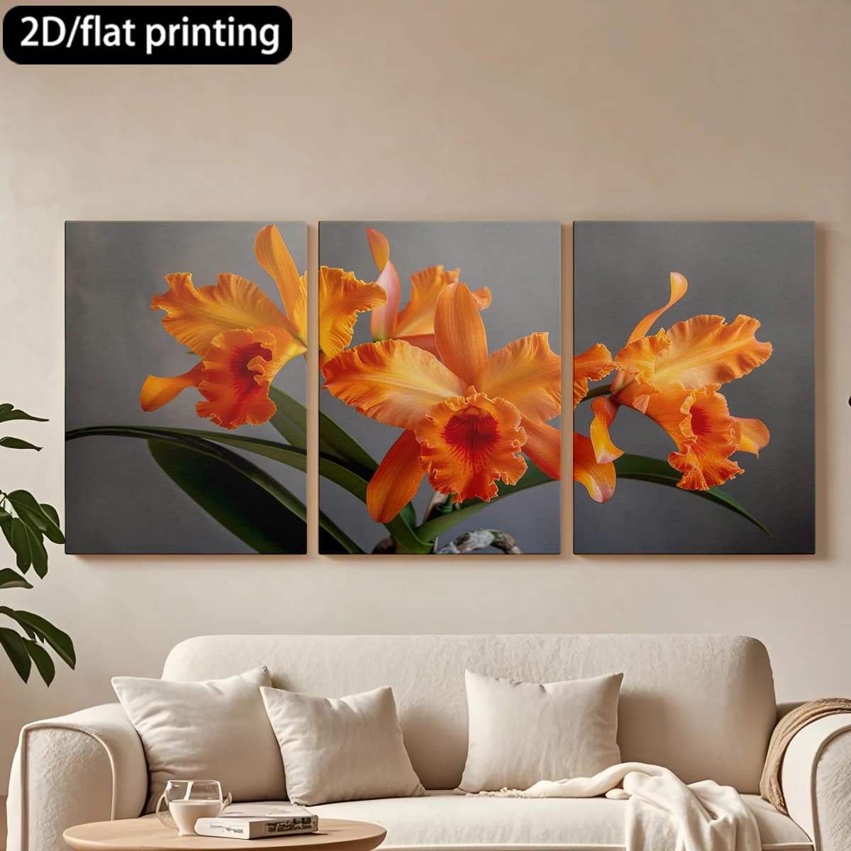 Decorative painting on canvas with wooden frame, 3 pieces. Vivaci orchids cattleya orange blossom. Tende per camera da letto ikea.