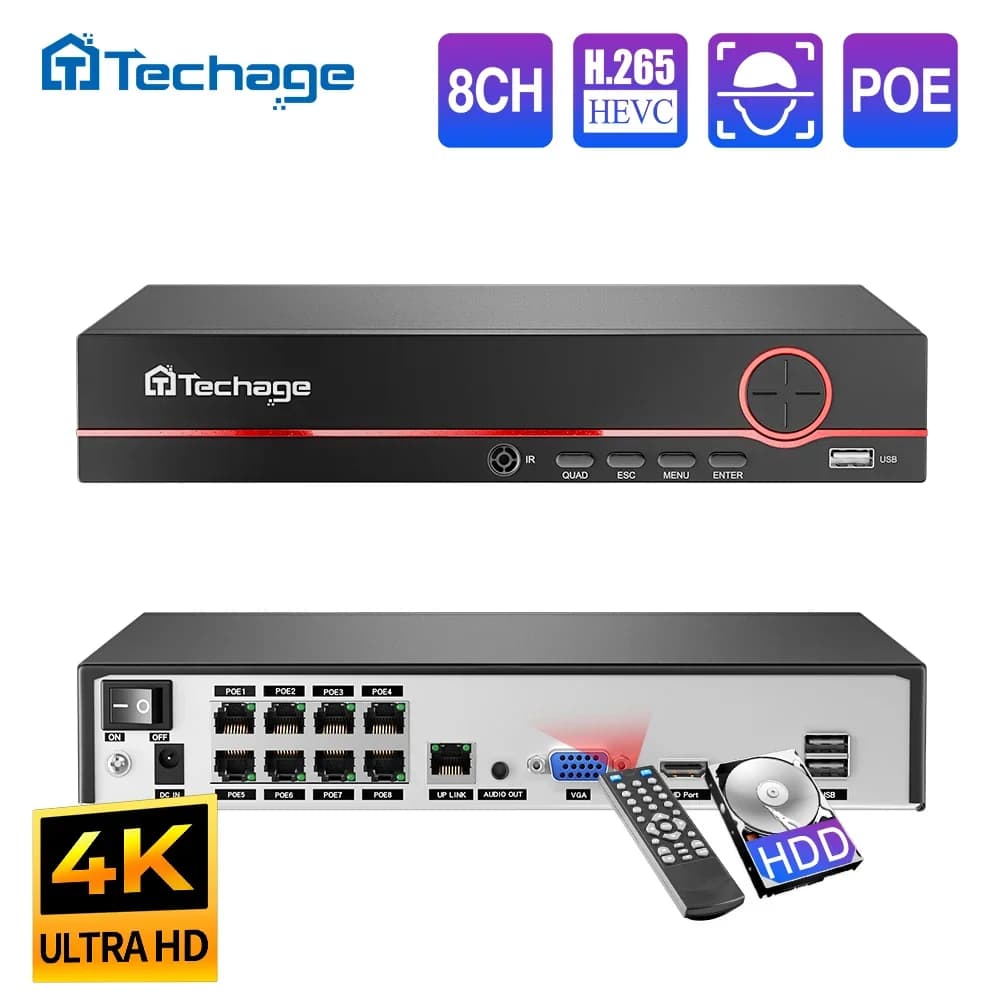 Techage H.265 8CH PoE Network Recorder 4MP 5MP 8MP 1080P 4K Monitoring PoE NVR Up to 16CH for CCTV CCTV Camera