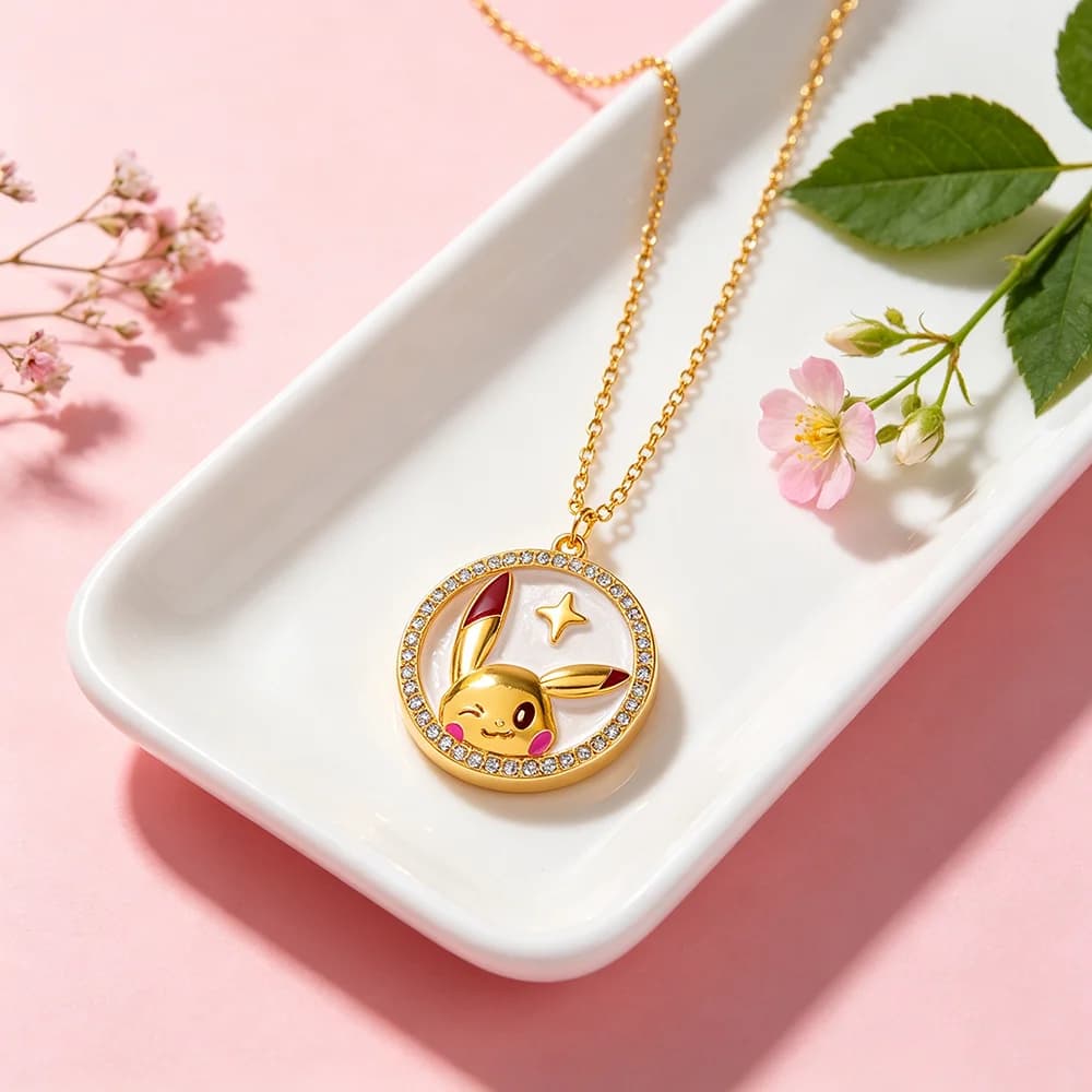 Collana Rotonda con Cristallo Pikachu Sorridente, Ciondolo Anime Pokémon Color Oro per Uso Quotidiano e Regalo