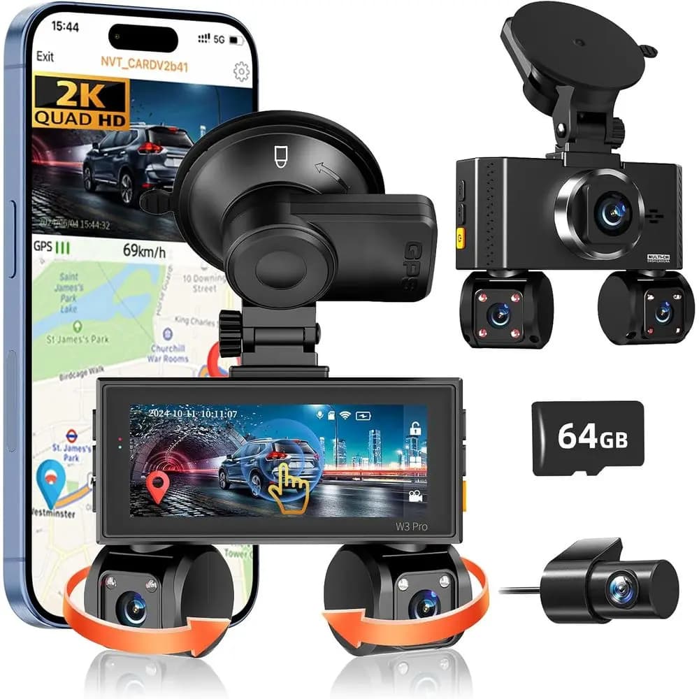 Dash Cam to 4 Channels with Touch Screen from 3,16 Inch, Night Vision, WiFi 5G, GPS, App Control, Sensor G, Loop Registration, Parking Monitoring, 64