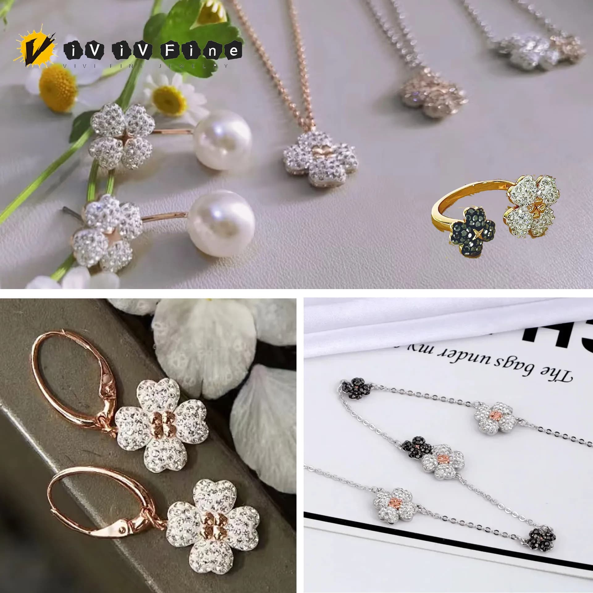 Set di gioielli pregiati originali 2025 moda trifoglio fortunato collana orecchini braccialetto anello regolabile fortunato per le donne regalo romantico