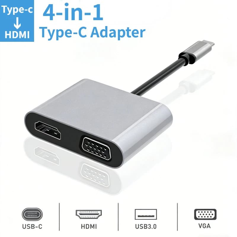 Hub USB-C 4-in-1: Adattatore Multiporta, Docking Station da Tipo C a 4K HDTV VGA, Splitter con Ricarica Rapida PD 60W per MacBook Pro/Air e Laptop