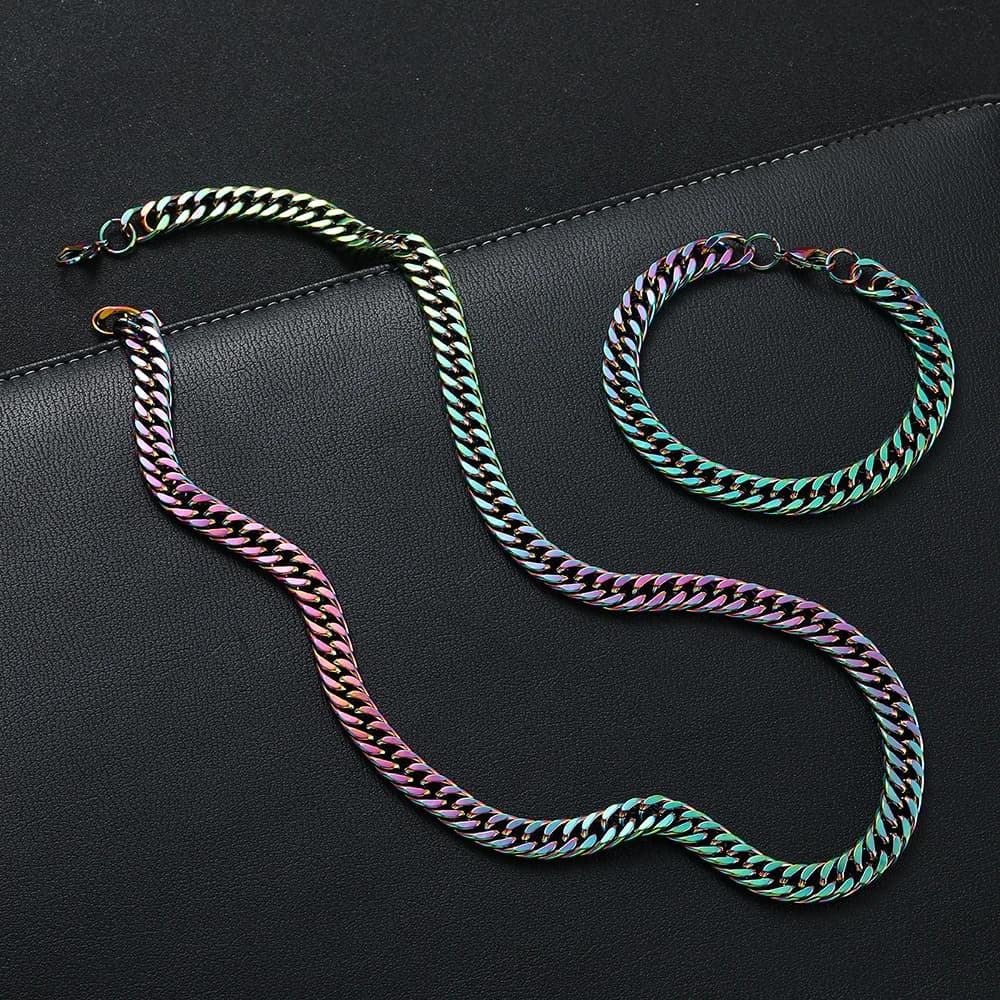 9.5MM 316L Stainless Steel Colorful Cuban Chain Necklace Bracelet Fashion Jewelry Set For Men Hip Hop Party Gift Accessories