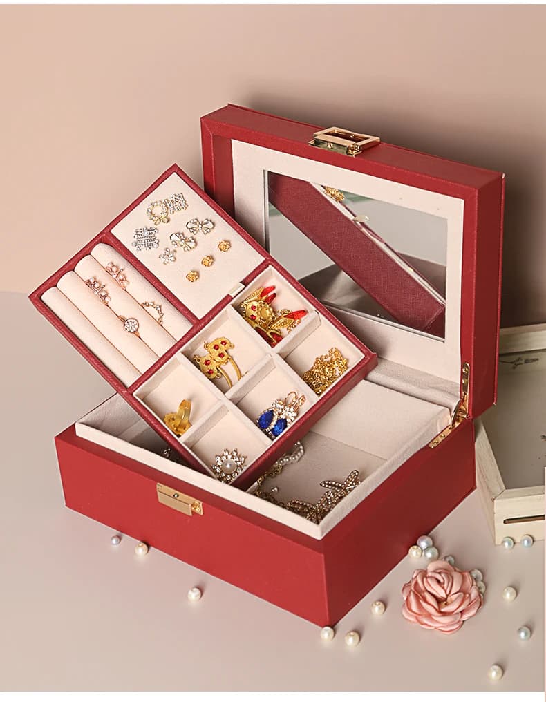 PU Leather 2-Layer Jewelry Organizer with Mirror for Rings Earrings Necklaces Watches Girls&Women Christmas Gift Storage Box