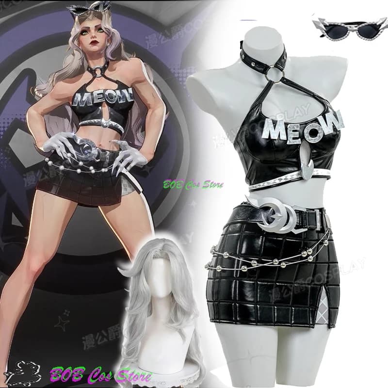 Set Cosplay Epic Skin Urban Predator Black Hardy Cat: Gonna + Tubo + Parrucca + Occhiali, Costume da Donna per Halloween e Carnevale