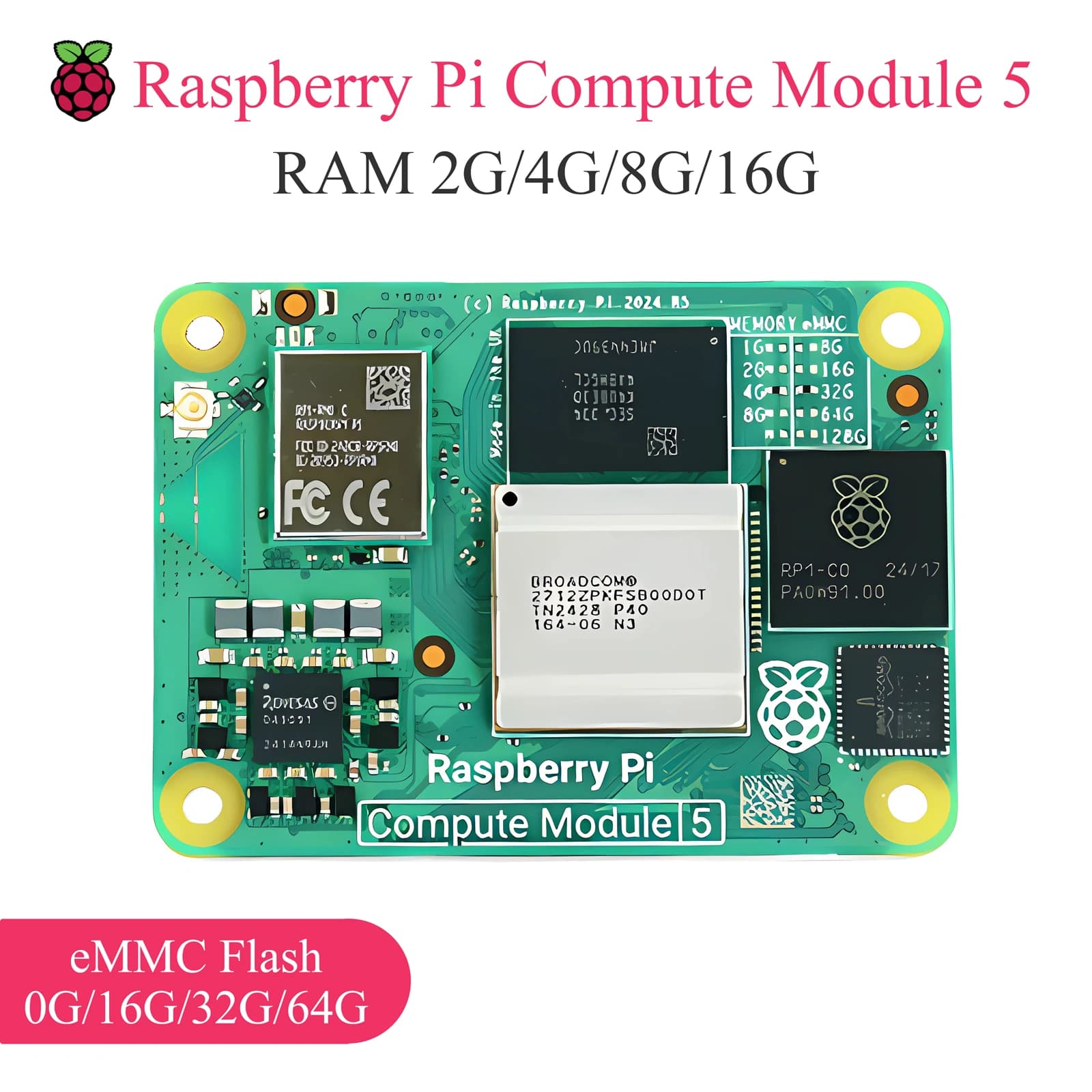 Kit Scheda IO Originale Raspberry Pi Compute Module 5 con RAM 2G 4G 8G 16G e eMMC Flash 0G 16G 32G 64G, CPU Quad-Core 2.4Ghz, WiFi 2.4G e 5G