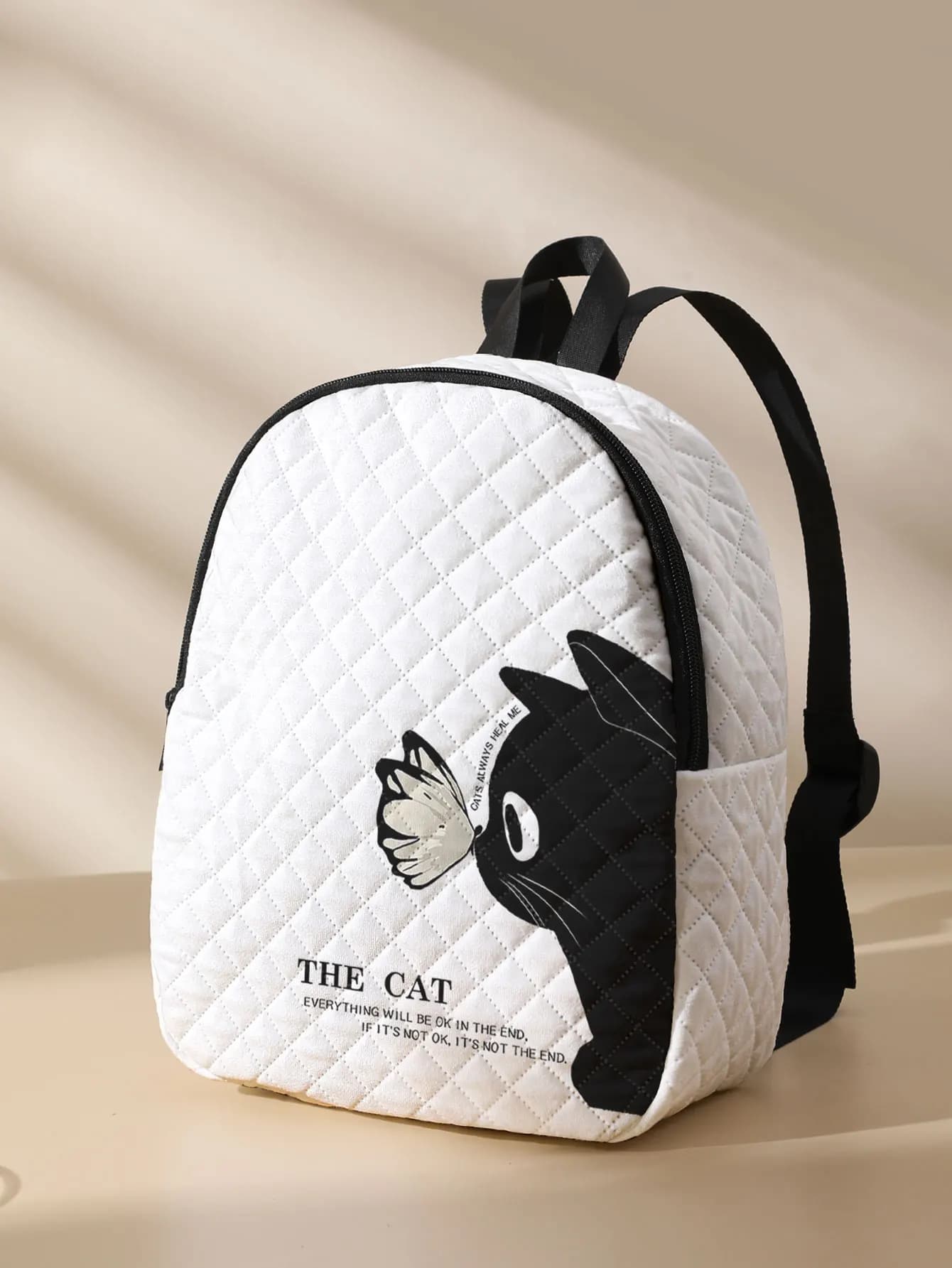 Black Cat Butterfly Print Quilted Compact Backpack, Suitable For Outdoor, Travel, Campus, Unisex For Men And Women Daily Use