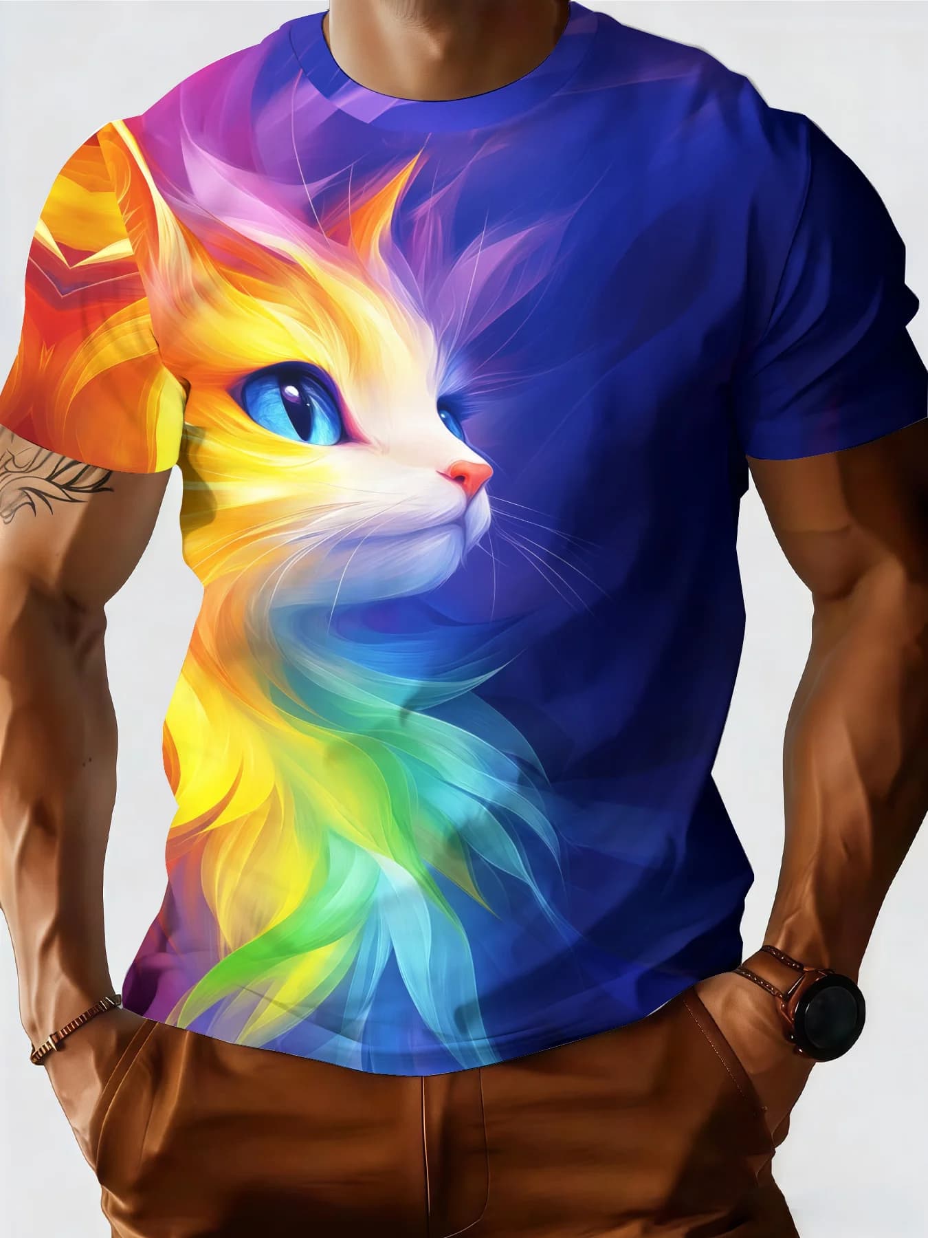T-shirt da uomo estiva nuova con stampa 3D gatto fatato, girocollo, a maniche corte, traspirante, per tutti i giorni e casual